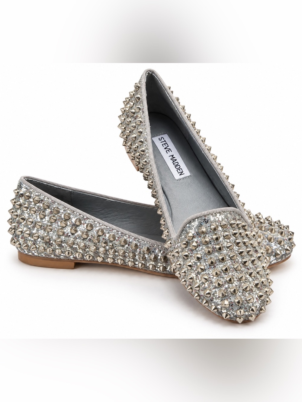 Steve Madden STUDLYY 7 Silver Glitter Spike Studded Loafers Y2K NWOB Flats